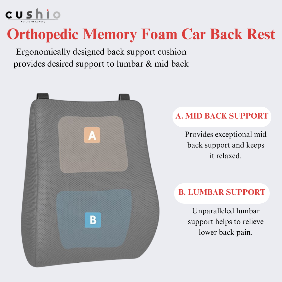 CUSHIO Car Back Rest Lumbar Support Memory Foam Cushion | Relieves Back Pain & Supports Posture | Ideal for Cars, Office Chairs, and Travel (Grey)