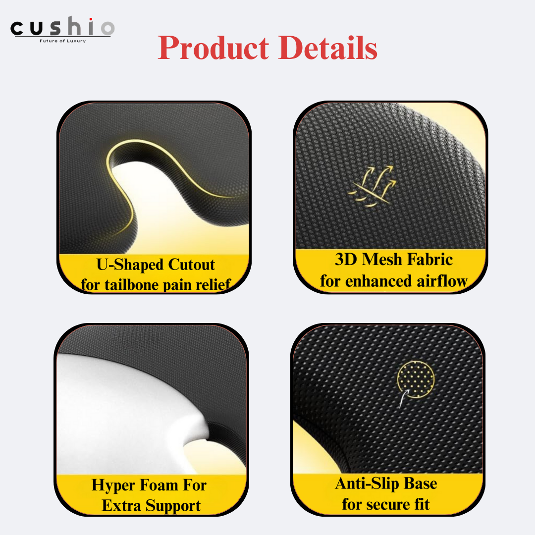 CUSHIO Car Wedge Seat Cushion | Ergonomic Memory Foam Cushion for Tailbone & Lower Back Support | Coccyx Seat Cushion with Non-Slip Base (Upto 120KG, Black)