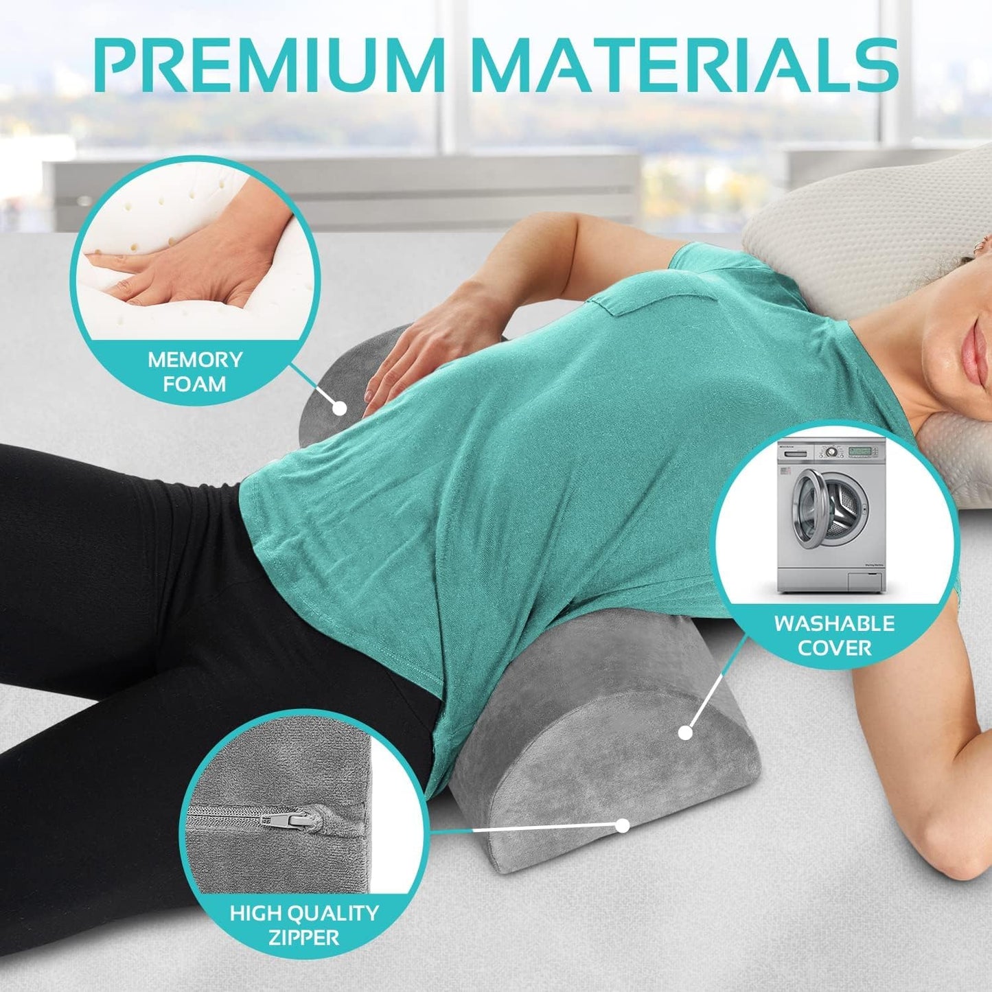 CUSHIO Semi Roll Bolster Pillow | Memory Foam Half Moon Bolster Support Cushion for Neck, Back, Knees & Legs | Ergonomic Pillow with Soft Velvet Cover (Light Grey)