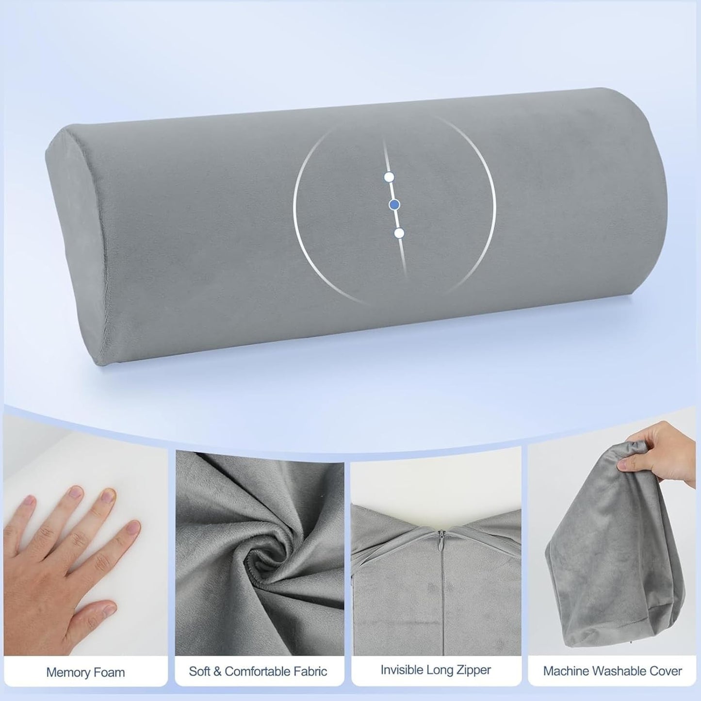 CUSHIO Semi Roll Bolster Pillow | Memory Foam Half Moon Bolster Support Cushion for Neck, Back, Knees & Legs | Ergonomic Pillow with Soft Velvet Cover (Light Grey) Pack of 2