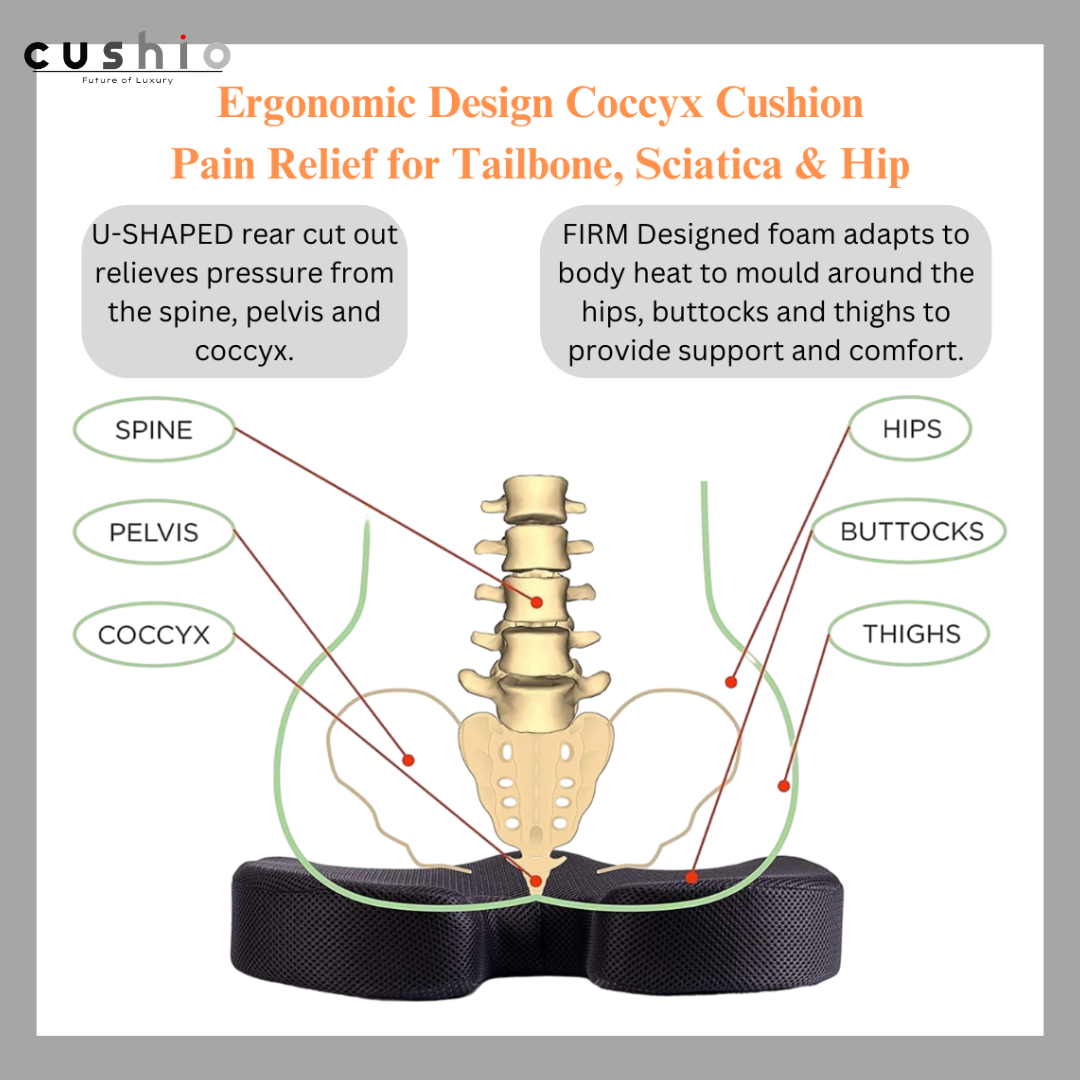 CUSHIO Coccyx Seat Cushion (High Density) for Tailbone, Sciatica, Hip Lower Back Pain Relief | Memory Foam Cushion for Office or Home Chairs or Wheelchairs (Upto 120KG, Black)