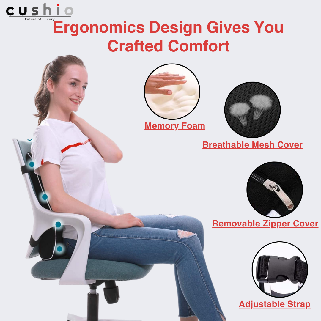 CUSHIO Lumbar Back Support Pillow for Car Seat, Office and Home Chair | Memory Foam Backrest Pillow for Lower Back Pain Relieve | Dual Adjustable Strap (Black)