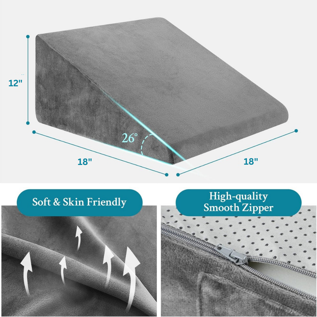 CUSHIO Bed Wedge Pillow | Memory Foam & High Resilience Foam | Wedge Pillow for Back Support, Acid Reflux (Grey)