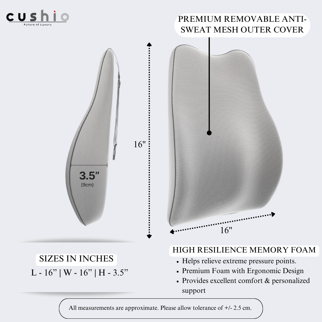 CUSHIO Car Back Rest Lumbar Support Memory Foam Cushion | Relieves Back Pain & Supports Posture | Ideal for Cars, Office Chairs, and Travel (Grey)