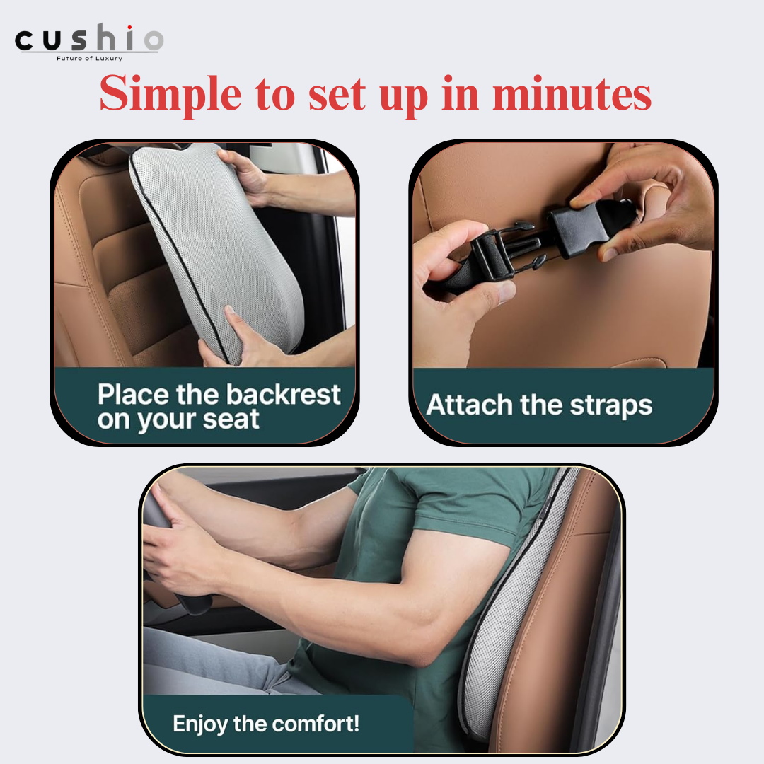 CUSHIO Car Back Rest Lumbar Support Memory Foam Cushion | Relieves Back Pain & Supports Posture | Ideal for Cars, Office Chairs, and Travel (Grey)