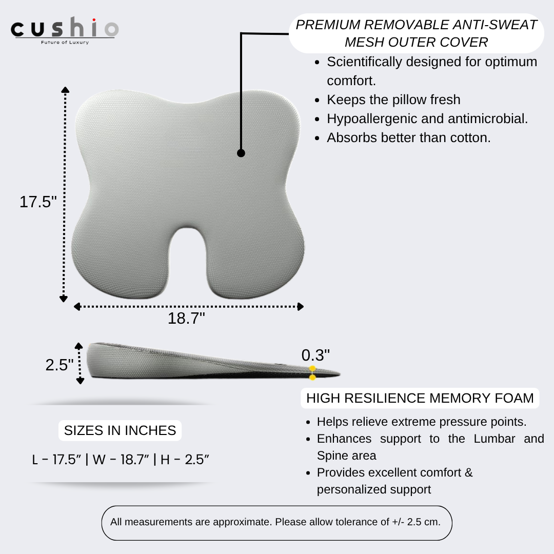 CUSHIO Car Wedge Seat Cushion | Ergonomic Memory Foam Cushion for Tailbone & Lower Back Support | Coccyx Seat Cushion with Non-Slip Base (Upto 120KG, Grey)
