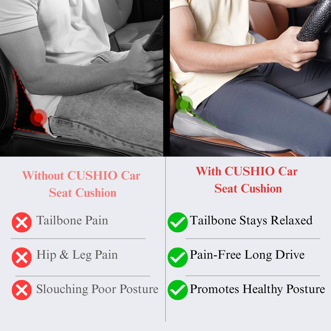 CUSHIO Car Wedge Seat Cushion | Ergonomic Memory Foam Cushion for Tailbone & Lower Back Support | Coccyx Seat Cushion with Non-Slip Base (Upto 120KG, Grey)