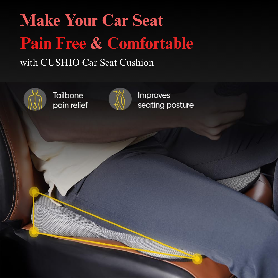 CUSHIO Car Wedge Seat Cushion | Ergonomic Memory Foam Cushion for Tailbone & Lower Back Support | Coccyx Seat Cushion with Non-Slip Base (Upto 120KG, Grey)