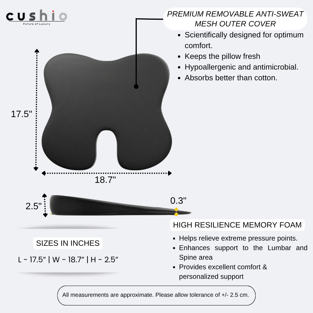 CUSHIO Car Wedge Seat Cushion | Ergonomic Memory Foam Cushion for Tailbone & Lower Back Support | Coccyx Seat Cushion with Non-Slip Base (Upto 120KG, Black)