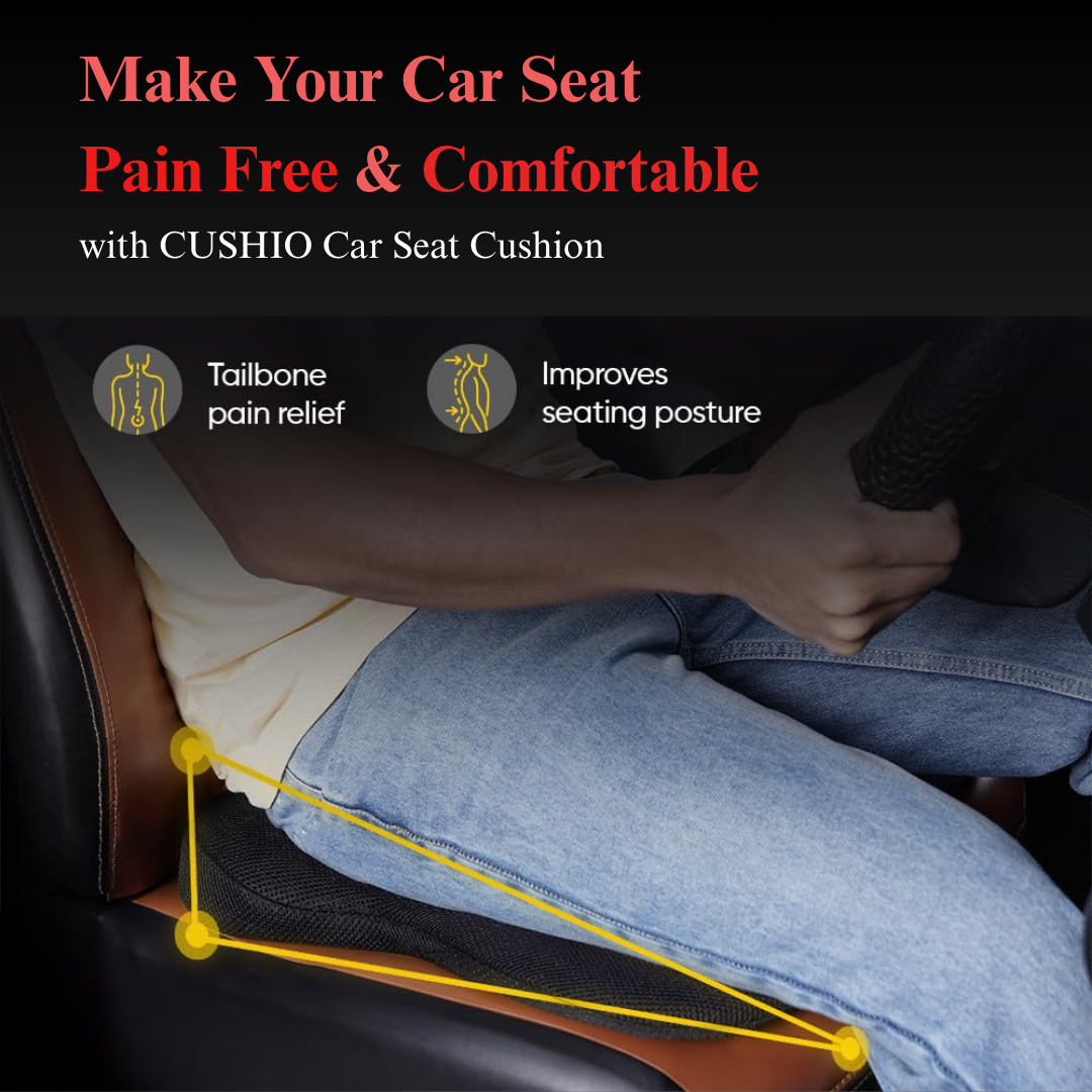 CUSHIO Car Wedge Seat Cushion | Ergonomic Memory Foam Cushion for Tailbone & Lower Back Support | Coccyx Seat Cushion with Non-Slip Base (Upto 120KG, Black)