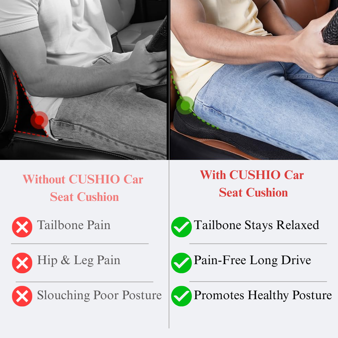 CUSHIO Car Wedge Seat Cushion | Ergonomic Memory Foam Cushion for Tailbone & Lower Back Support | Coccyx Seat Cushion with Non-Slip Base (Upto 120KG, Black)