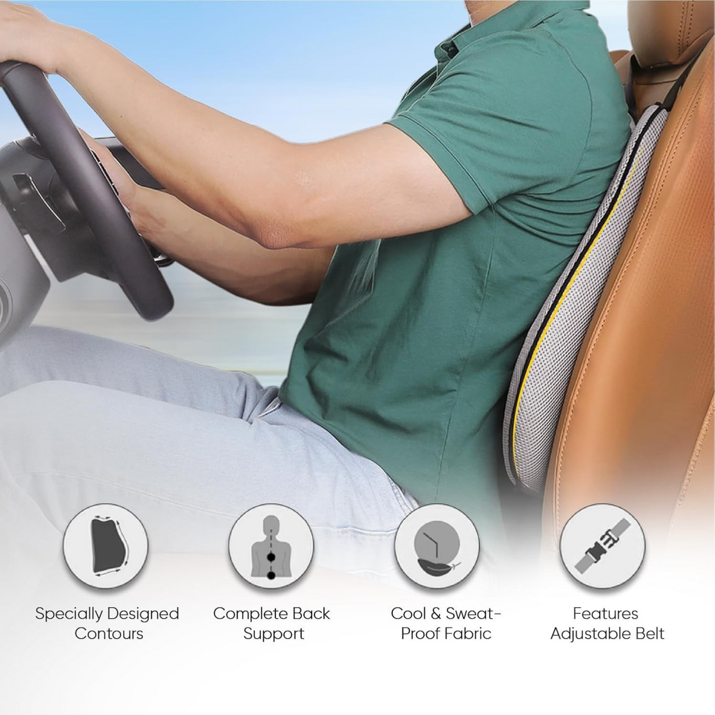 CUSHIO Car Back Rest Lumbar Support Memory Foam Cushion | Relieves Back Pain & Supports Posture | Ideal for Cars, Office Chairs, and Travel (Grey)