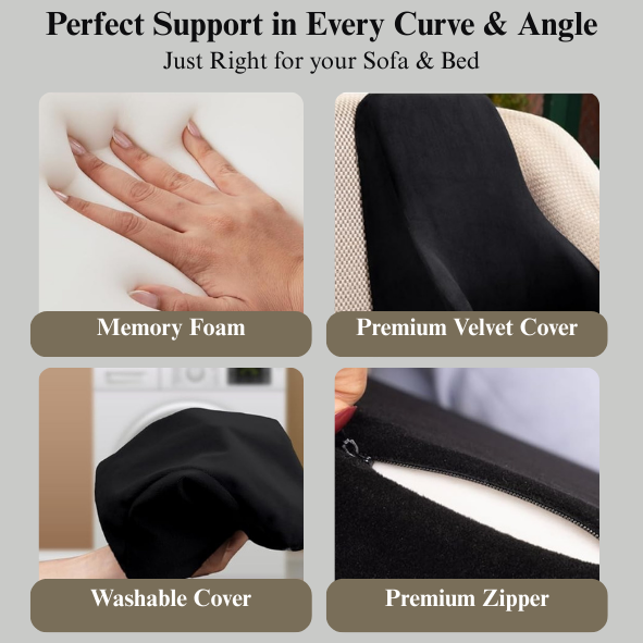 CUSHIO Sofa Backrest Cushion | Ergonomic Memory Foam Lumbar Support for Sofa & Bed, Back Pain Relief Pillow for Reading & Relaxing (Black)