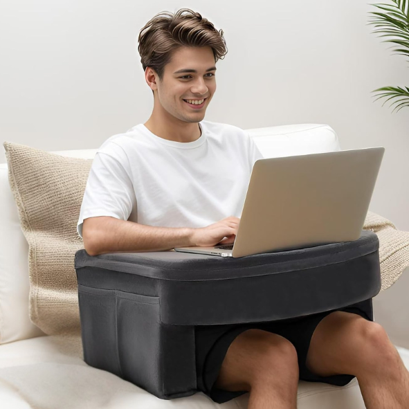 CUSHIO Lap Desk Pillow for Working on Laptop, Reading & Gaming | Perfect for Using on Bed, Sofa & Floor with Arm Rest (Grey)