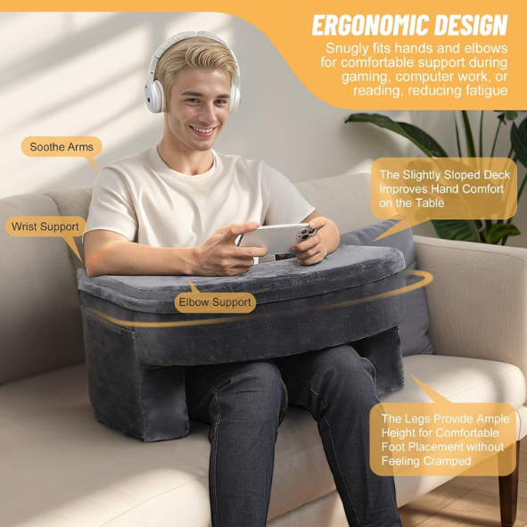 CUSHIO Lap Desk Pillow for Working on Laptop, Reading & Gaming | Perfect for Using on Bed, Sofa & Floor with Arm Rest (Grey)