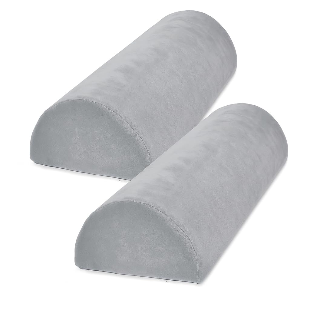 CUSHIO Semi Roll Bolster Pillow | Memory Foam Half Moon Bolster Support Cushion for Neck, Back, Knees & Legs | Ergonomic Pillow with Soft Velvet Cover (Light Grey) Pack of 2
