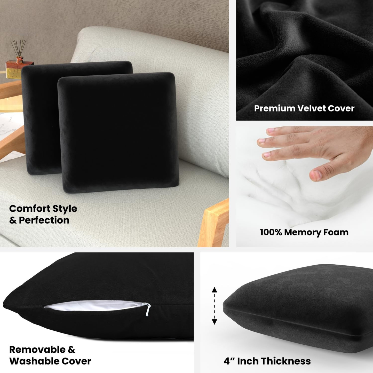 CUSHIO Memory Foam Square Cushion for Car, Sofa/Diwan, Bed, Chair & Decoration | Velvet Cover (Black) Pack of 2