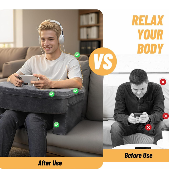 CUSHIO Lap Desk Pillow for Working on Laptop, Reading & Gaming | Perfect for Using on Bed, Sofa & Floor with Arm Rest (Grey)