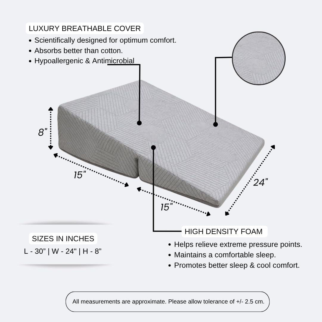 CUSHIO Folding Bed Wedge Pillow For Acid Reflux | Back Support & Leg Elevation for Restful Sleep | Easy To Store, Easy To Clean Removable Soft Fabric Cover (Grey)