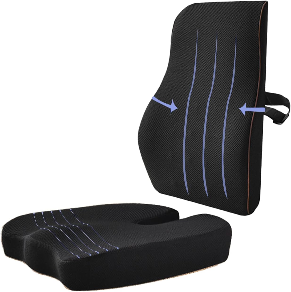 CUSHIO Memory Foam Lumbar Pillow & Coccyx Seat Cushion Combo | Lower Back and Coccyx Support for Long Sitting Hours on Car Seat, Office/Home Chair (Black)