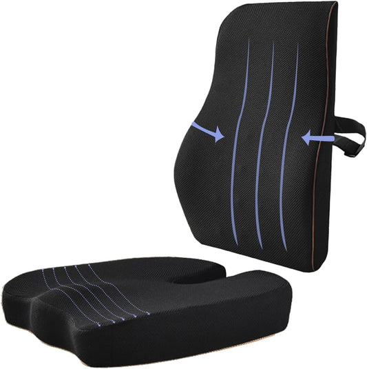 CUSHIO Memory Foam Lumbar Pillow & Coccyx Seat Cushion Combo | Lower Back and Coccyx Support for Long Sitting Hours on Car Seat, Office/Home Chair (Black)
