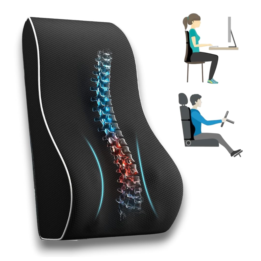 CUSHIO Lumbar Back Support Pillow for Car Seat, Office and Home Chair | Memory Foam Backrest Pillow for Lower Back Pain Relieve | Dual Adjustable Strap (Black)