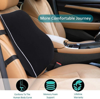 CUSHIO Lumbar Back Support Pillow for Car Seat, Office and Home Chair | Memory Foam Backrest Pillow for Lower Back Pain Relieve | Dual Adjustable Strap (Black)