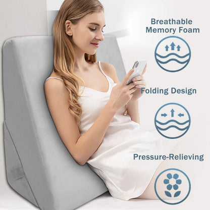 CUSHIO Adjustable Memory Foam Wedge Pillow for Back Support, 7-in-1 Versatile Design for Sleeping, Leg Elevation and Support (Grey)