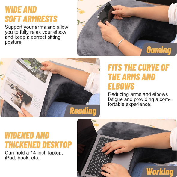 CUSHIO Lap Desk Pillow for Working on Laptop, Reading & Gaming | Perfect for Using on Bed, Sofa & Floor with Arm Rest (Grey)