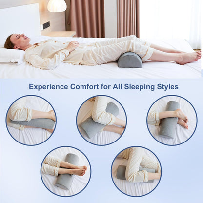 CUSHIO Semi Roll Bolster Pillow | Memory Foam Half Moon Bolster Support Cushion for Neck, Back, Knees & Legs | Ergonomic Pillow with Soft Velvet Cover (Light Grey) Pack of 2