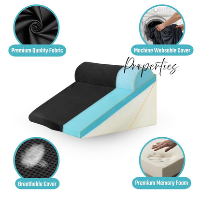 CUSHIO Adjustable Memory Foam Wedge Pillow with Headrest for Back Support for Bed, 12-in-1 Versatile Design for Sleeping, Leg Elevation Support (Black)