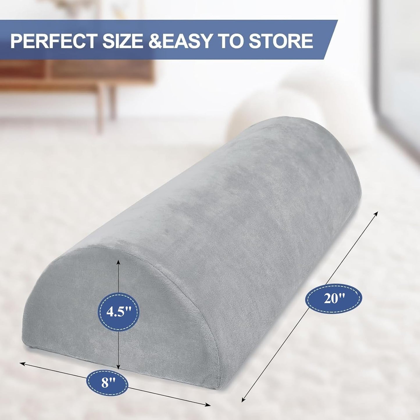 CUSHIO Semi Roll Bolster Pillow | Memory Foam Half Moon Bolster Support Cushion for Neck, Back, Knees & Legs | Ergonomic Pillow with Soft Velvet Cover (Light Grey)