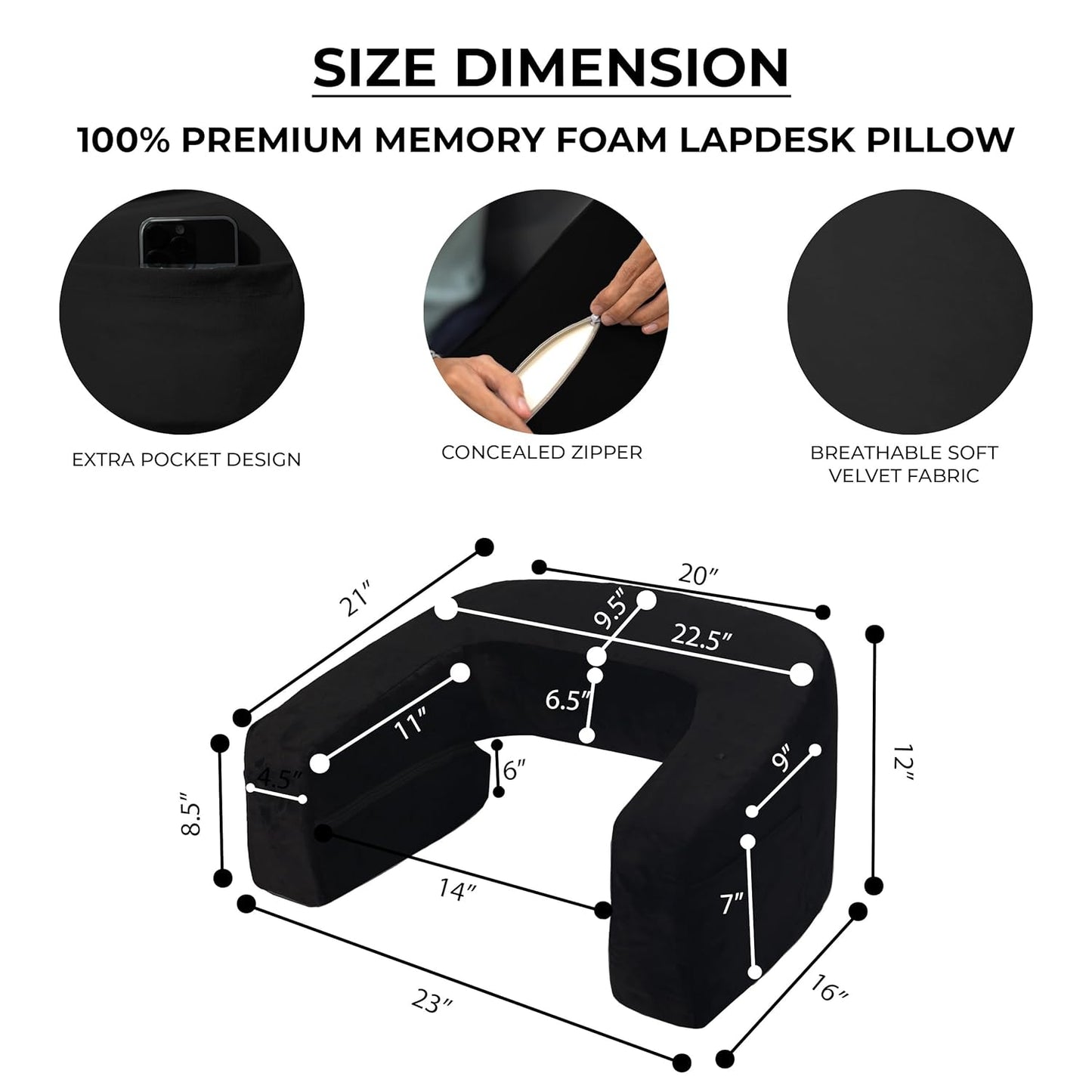 CUSHIO Lap Desk Pillow for Working on Laptop, Reading & Gaming | Perfect for Using on Bed, Sofa & Floor with Arm Rest (Black)