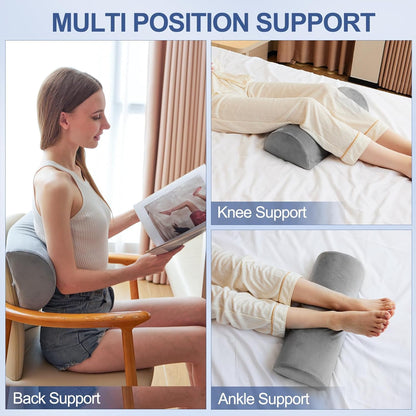 CUSHIO Semi Roll Bolster Pillow | Memory Foam Half Moon Bolster Support Cushion for Neck, Back, Knees & Legs | Ergonomic Pillow with Soft Velvet Cover (Light Grey) Pack of 2