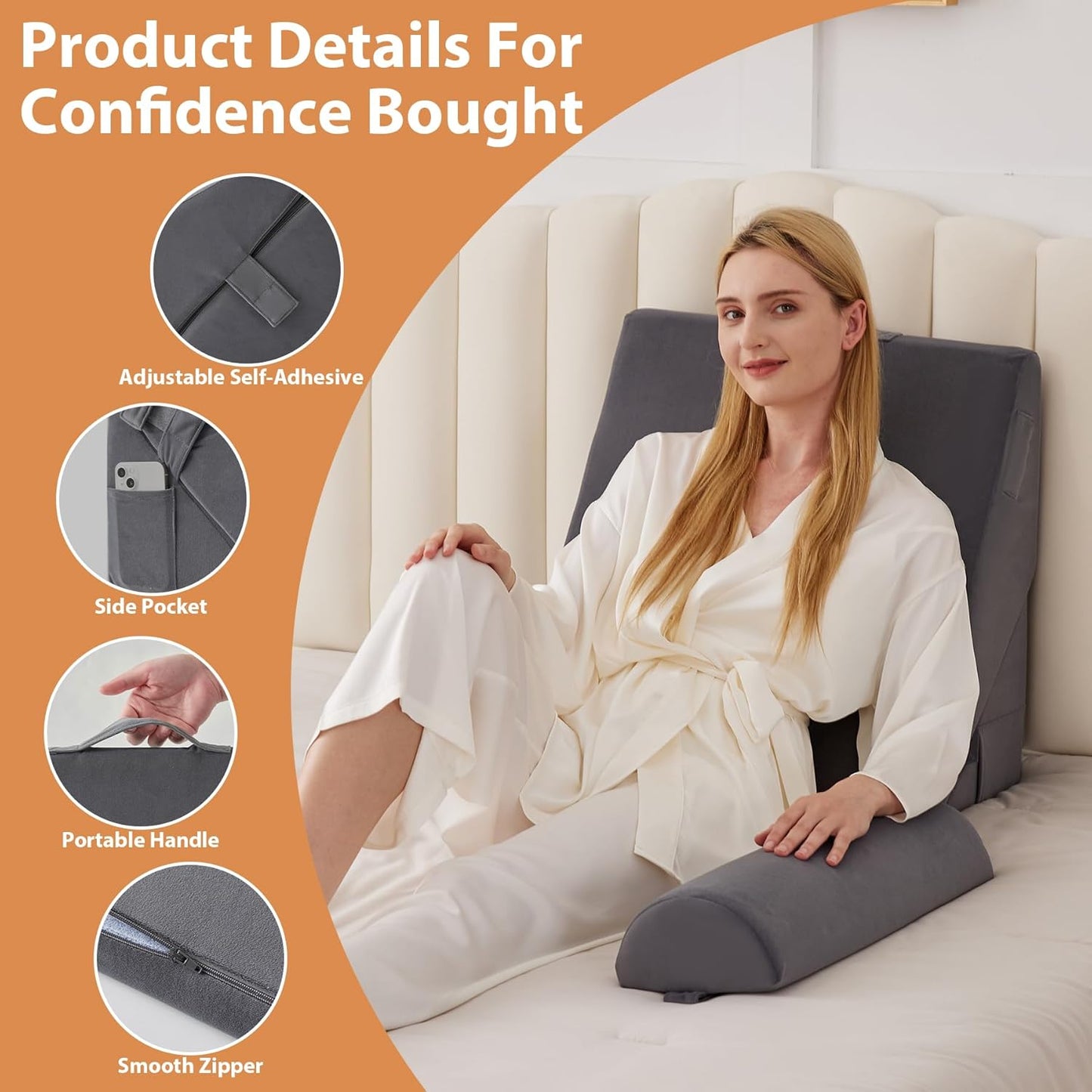 CUSHIO Adjustable Memory Foam Wedge Pillow with Headrest for Back Support, 12-in-1 Versatile Design for Sleeping, Leg Elevation Support (Grey)