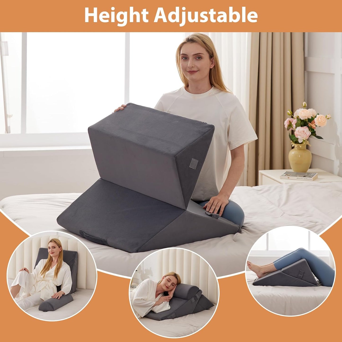 CUSHIO Adjustable Memory Foam Wedge Pillow with Headrest for Back Support, 12-in-1 Versatile Design for Sleeping, Leg Elevation Support (Grey)
