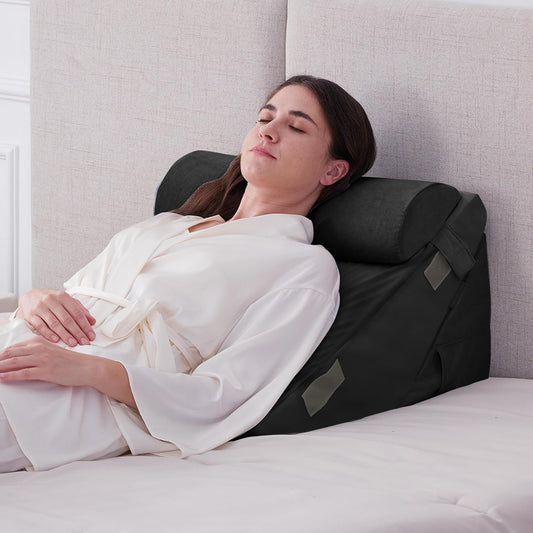 CUSHIO Adjustable Memory Foam Wedge Pillow with Headrest for Back Support for Bed, 12-in-1 Versatile Design for Sleeping, Leg Elevation Support (Black)