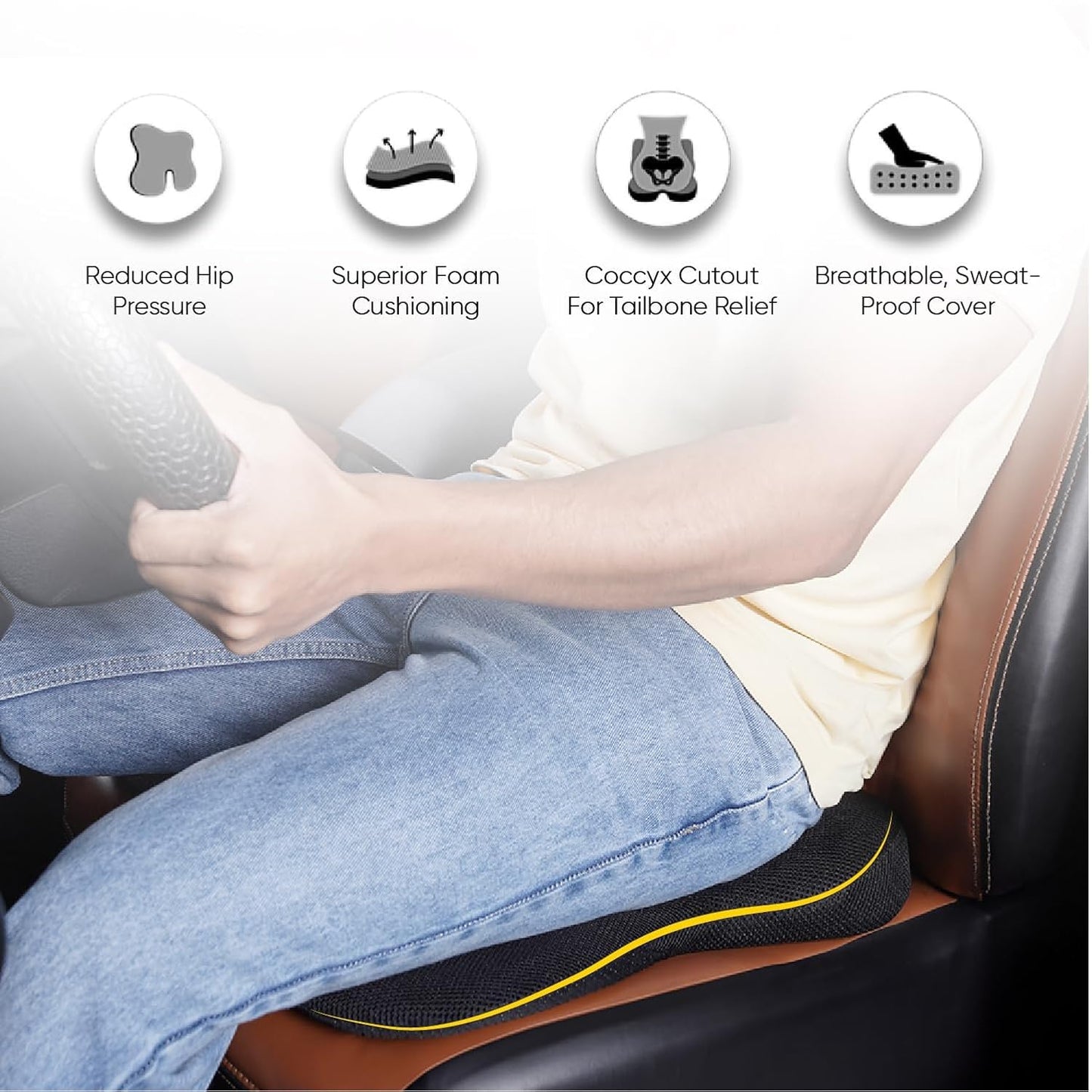 CUSHIO Car Wedge & Back Rest Cushion Combo | Posture Correction | Ergonomic Back & Seating Support | Driving & Daily Commutes | Universal Fit (Black)