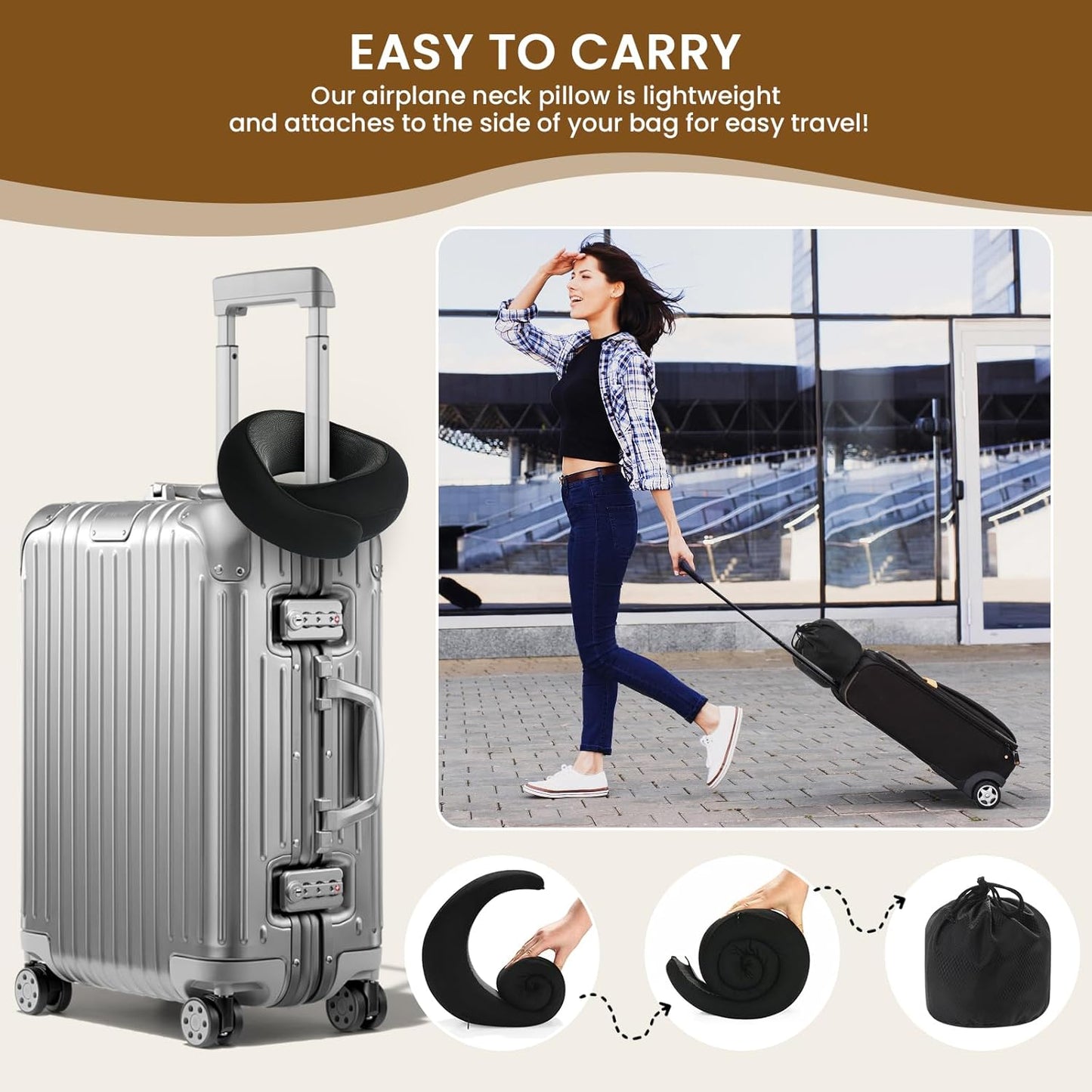 CUSHIO Travel Neck Pillow | Memory Foam Neck Pillow for Flight Travel, Car, Office | Neck Rest Travelling Pillow for Head Support (Black & Grey)