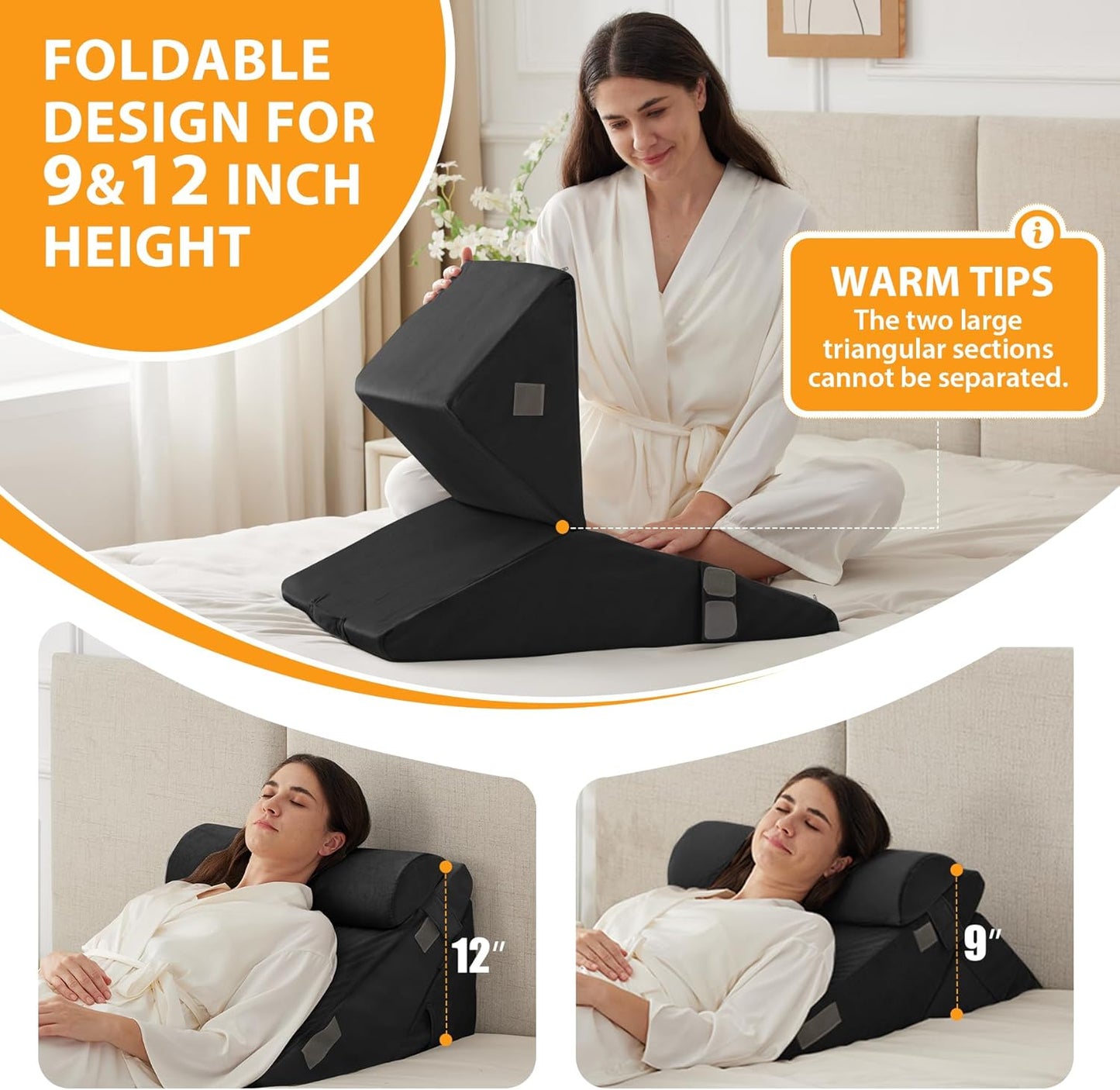 CUSHIO Adjustable Memory Foam Wedge Pillow with Headrest for Back Support for Bed, 12-in-1 Versatile Design for Sleeping, Leg Elevation Support (Black)