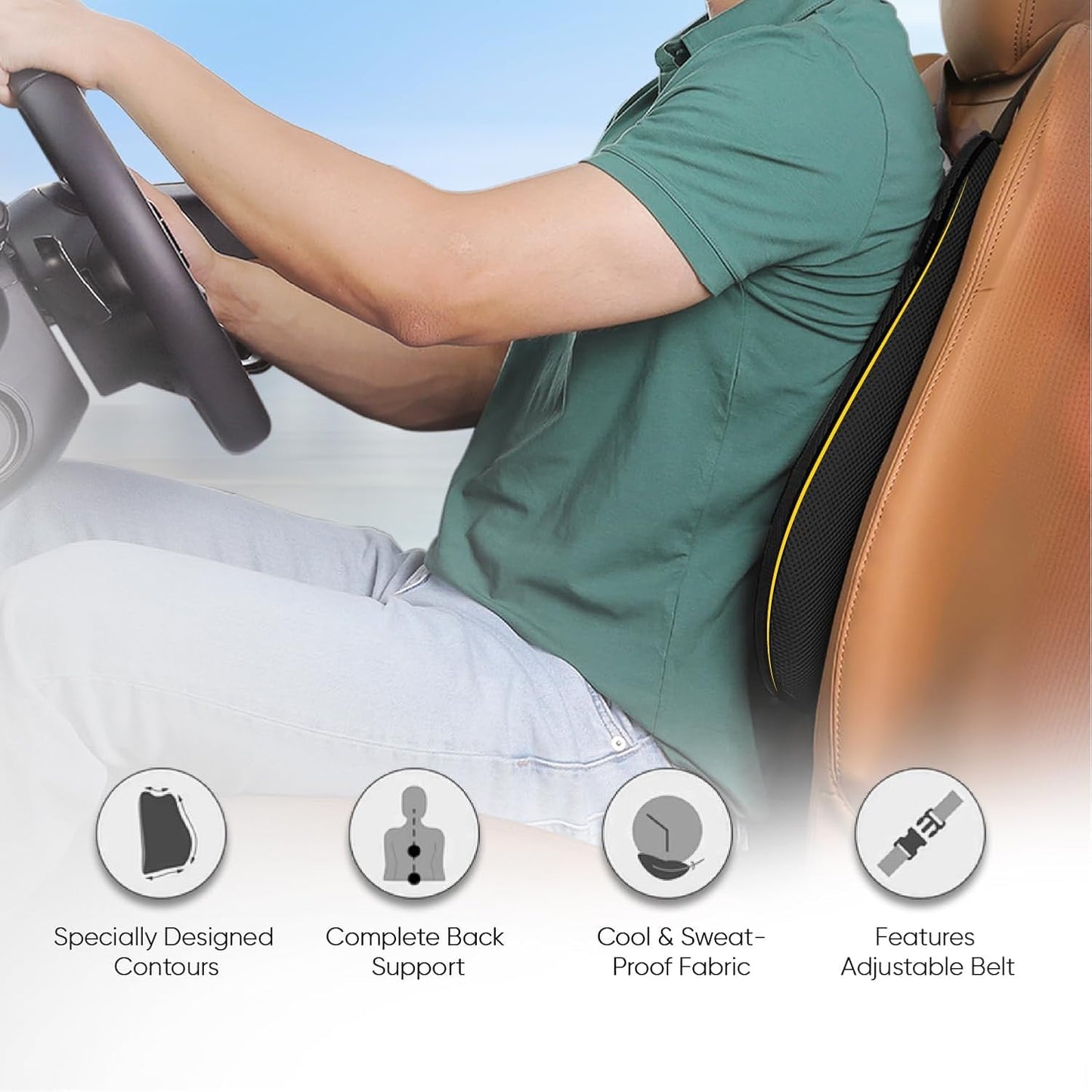 CUSHIO Car Back Rest Lumbar Support Memory Foam Cushion | Relieves Back Pain & Supports Posture | Ideal for Cars, Office Chairs, and Travel (Black)