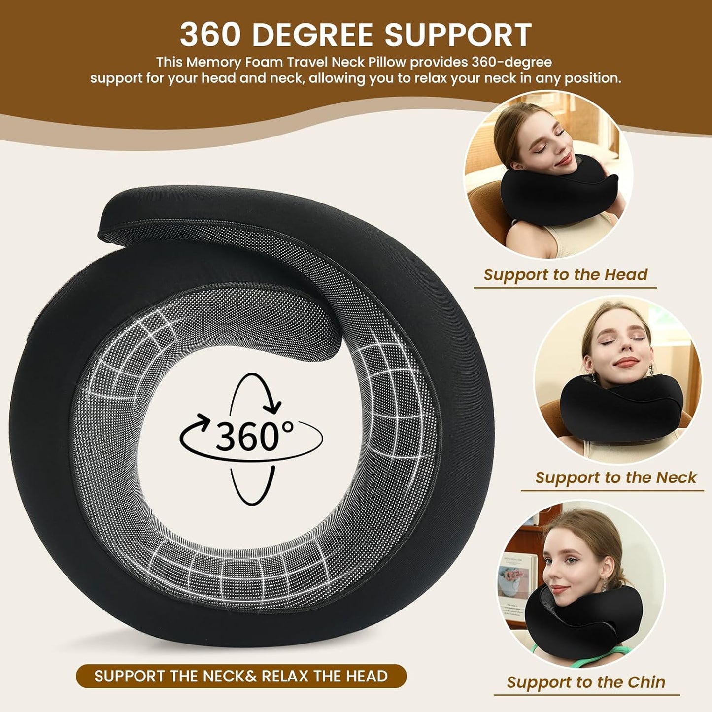 CUSHIO Travel Neck Pillow | Memory Foam Neck Pillow for Flight Travel, Car, Office | Neck Rest Travelling Pillow for Head Support (Black & Grey)