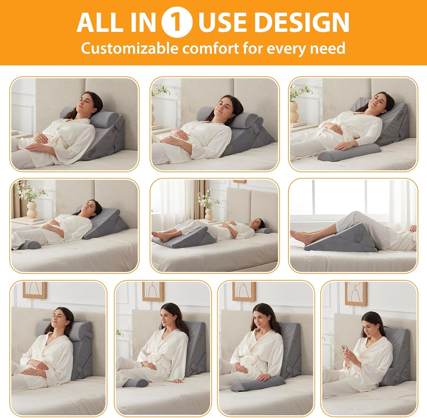 CUSHIO Adjustable Memory Foam Wedge Pillow with Headrest for Back Support, 12-in-1 Versatile Design for Sleeping, Leg Elevation Support (Grey)