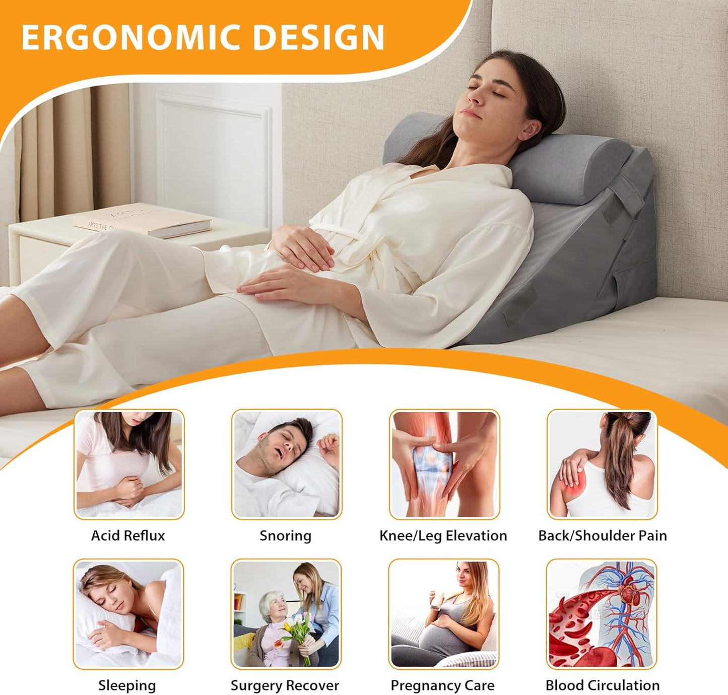 CUSHIO Adjustable Memory Foam Wedge Pillow with Headrest for Back Support, 12-in-1 Versatile Design for Sleeping, Leg Elevation Support (Grey)