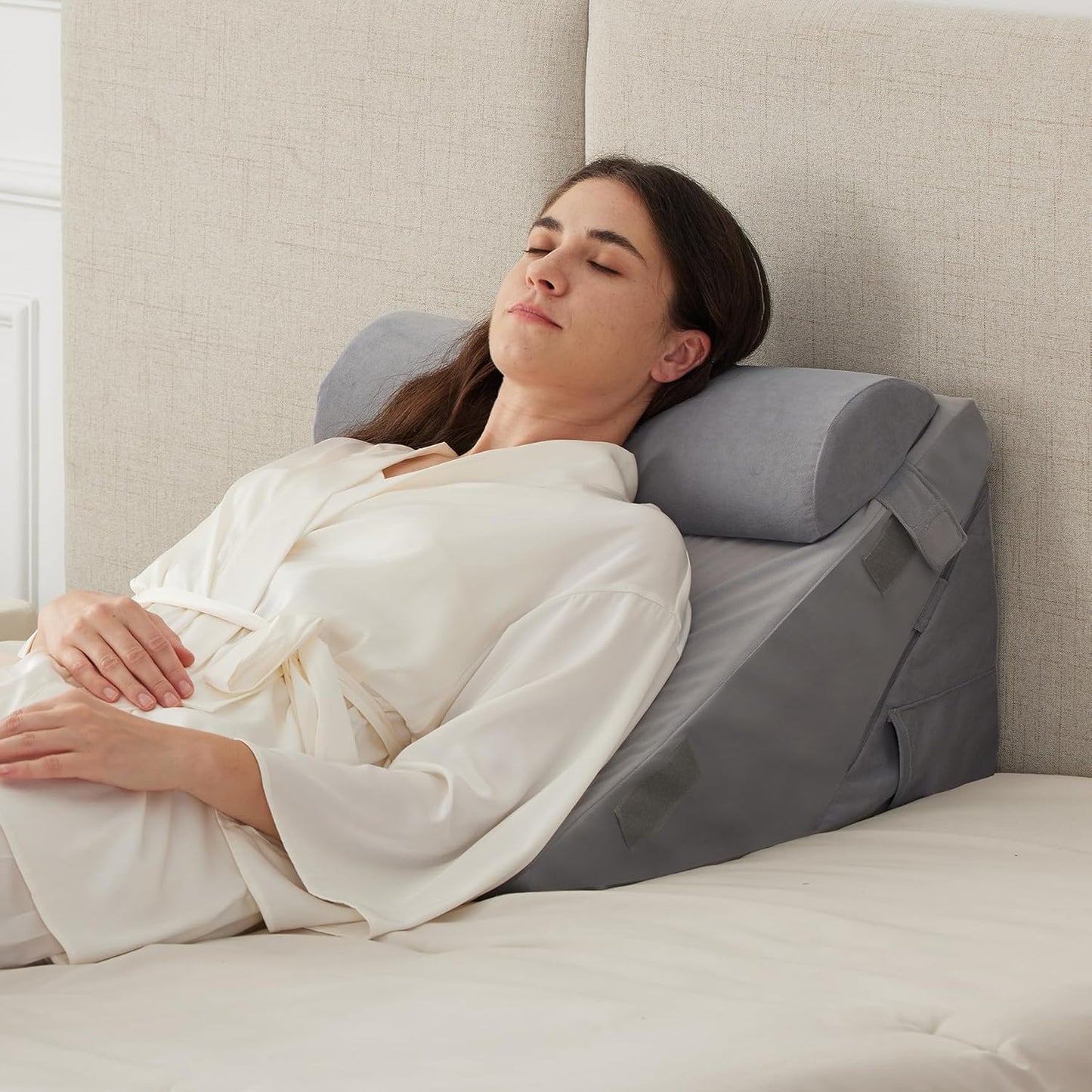 CUSHIO Adjustable Memory Foam Wedge Pillow with Headrest for Back Support, 12-in-1 Versatile Design for Sleeping, Leg Elevation Support (Grey)