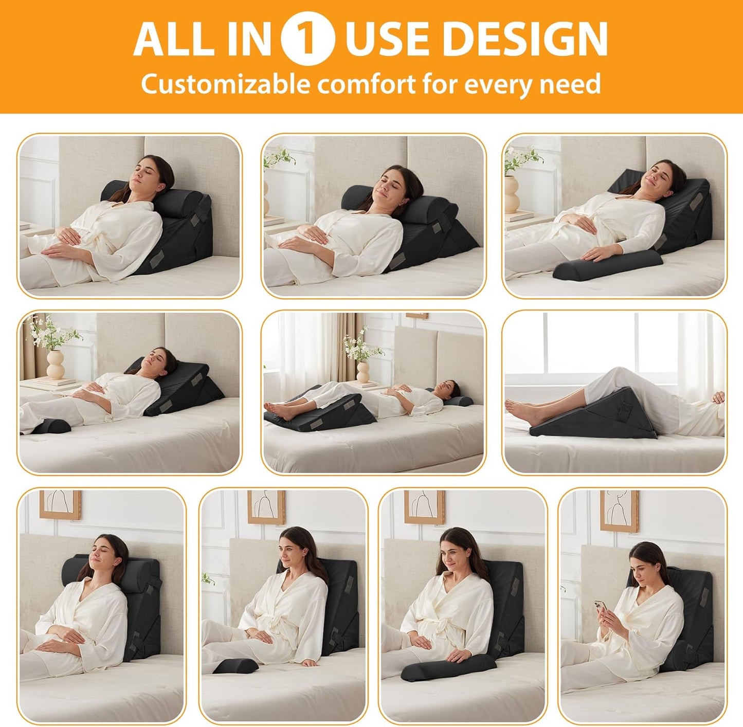 CUSHIO Lap Desk & Adj. Wedge with Headrest Combo for Laptops, Study and Reading | Memory Foam Adj. Wedge with Headrest for Back Support & Lap Desk Pillow Gaming & Reading Pillow (Black)