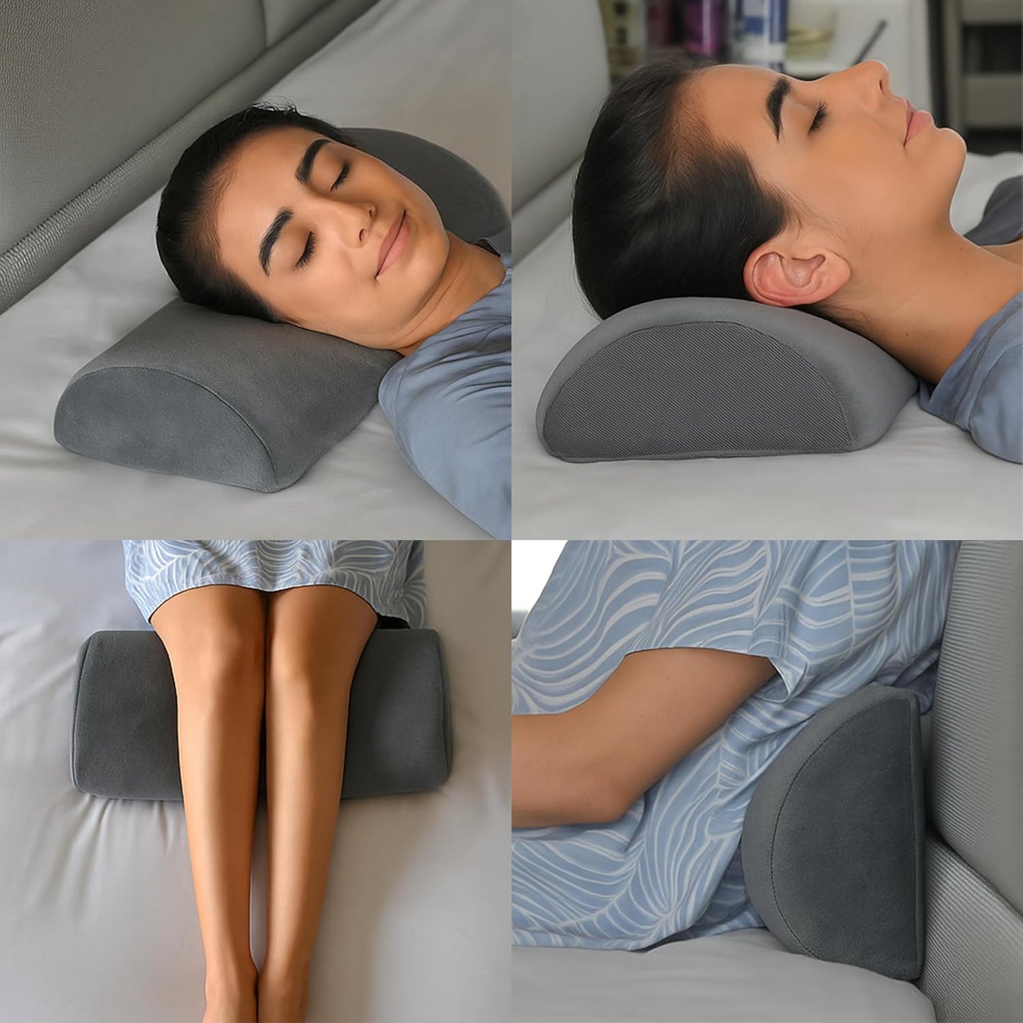 CUSHIO Semi Roll Bolster Pillow | Memory Foam Half Moon Bolster Support Cushion for Neck, Back, Knees & Legs | Ergonomic Pillow with Soft Velvet Cover (Light Grey) Pack of 2