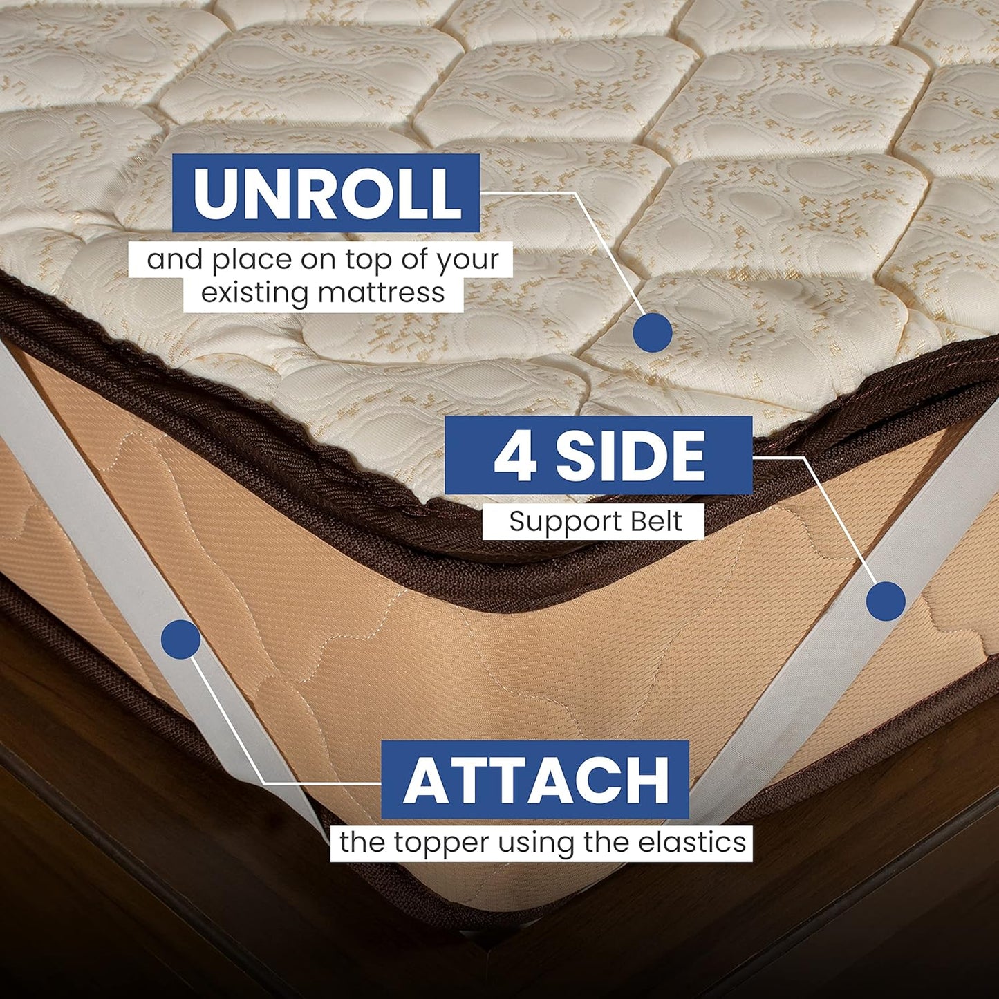 CUSHIO Quilted Mattress Topper with Elastic Straps | Soft Cushioned Comfort Layer | Breathable Fabric | Enhances Mattress Support | Fits All Mattress Types