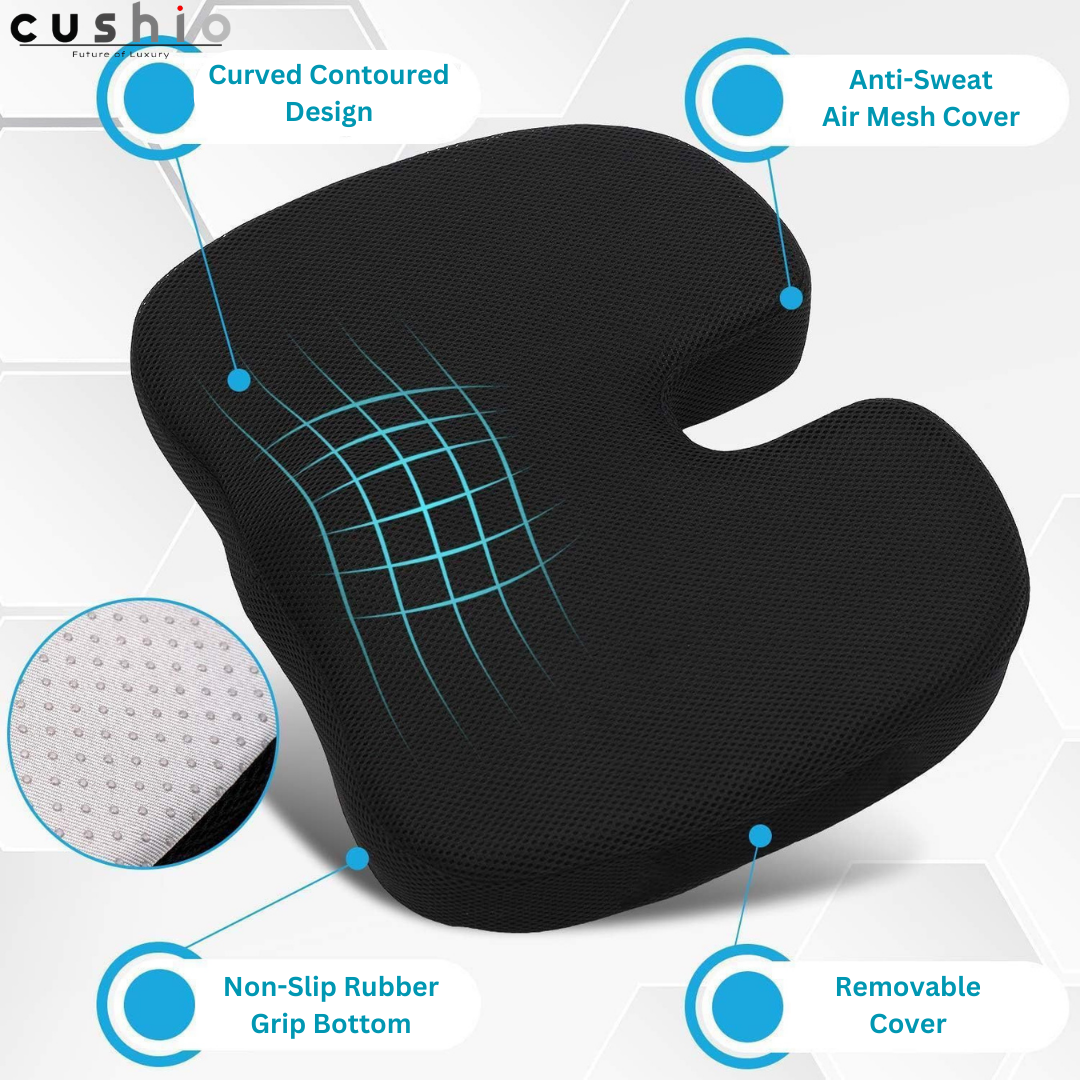 CUSHIO Coccyx Seat Cushion (High Density) for Tailbone, Sciatica, Hip Lower Back Pain Relief | Memory Foam Cushion for Office or Home Chairs or Wheelchairs (Upto 120KG, Black)