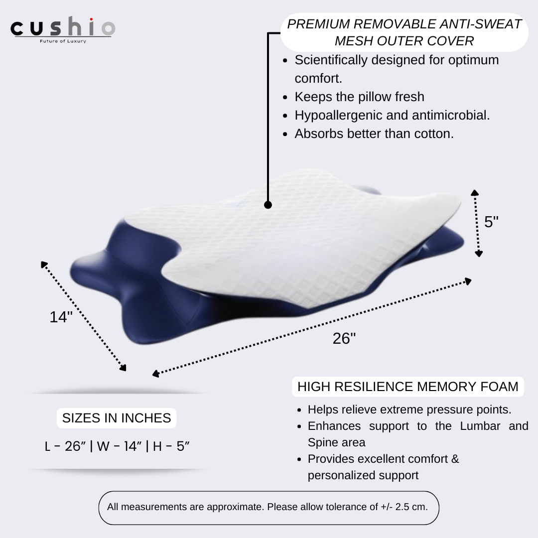 CUSHIO Cervical Butterfly Pillow | Orthopedic Memory Foam for Neck & Shoulder Pain Relief | Contour Pillow with Arm Rest | Dual Height Design for Side & Back Sleepers